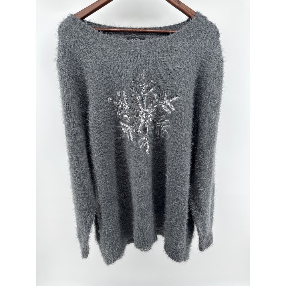 AVON Gray Fuzzy Snowflake Sequin Boat Neck Long Sleeve Tunic Sweater 2X